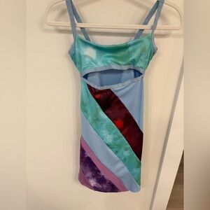 Blue dress with colourful horizontal stripes and cutout detail size M